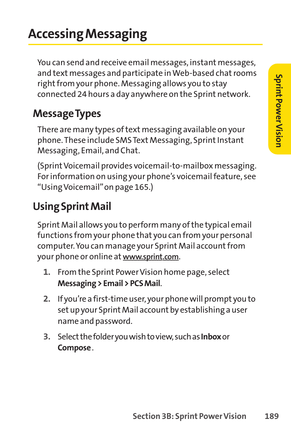Accessing messaging, E 189), Message types | Using sprint mail | Sprint Nextel SANYO PRO-700 User Manual | Page 203 / 236