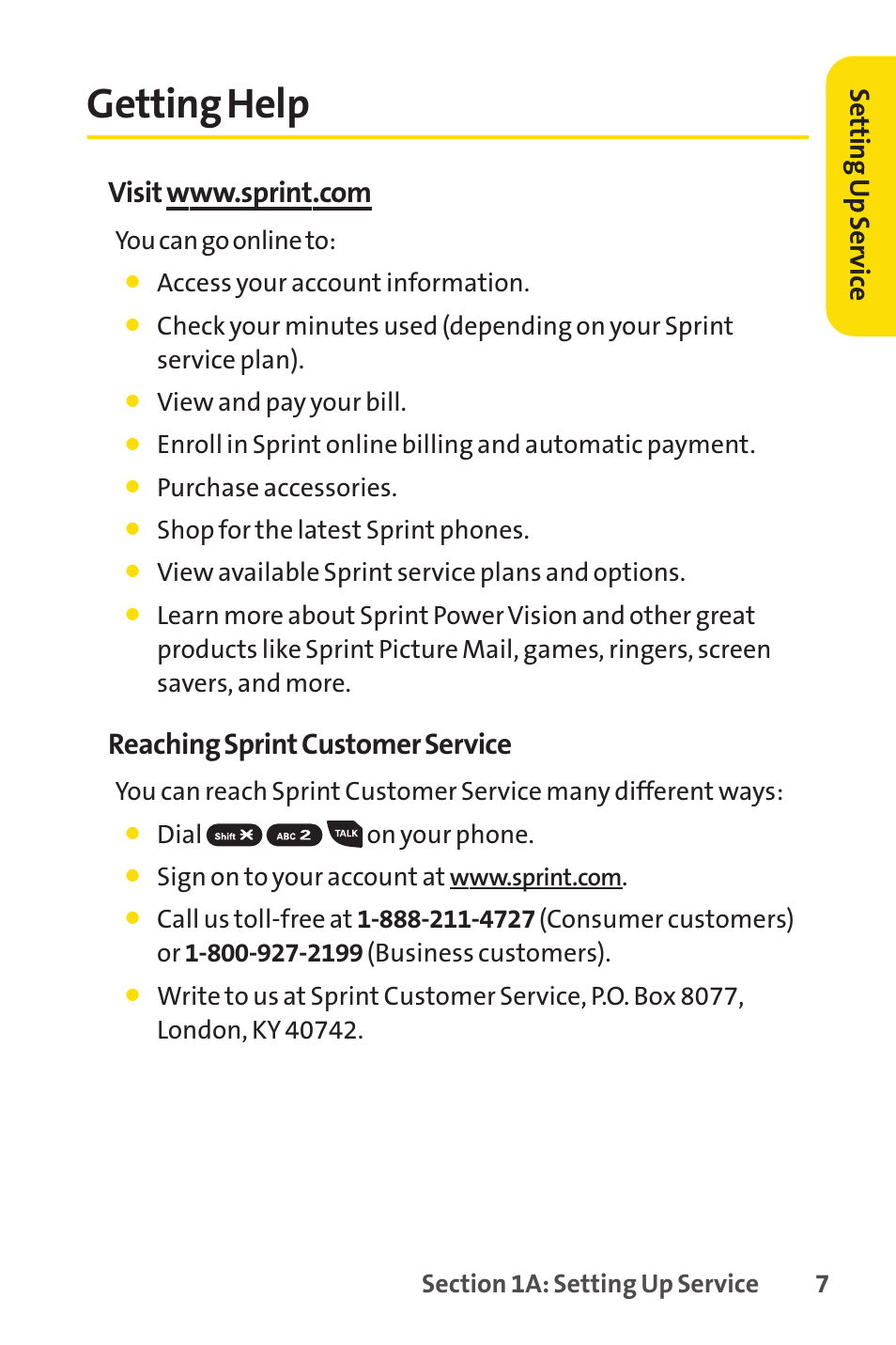 Getting help, E 7), Reaching sprint customer service | Sprint Nextel SANYO PRO-700 User Manual | Page 21 / 236