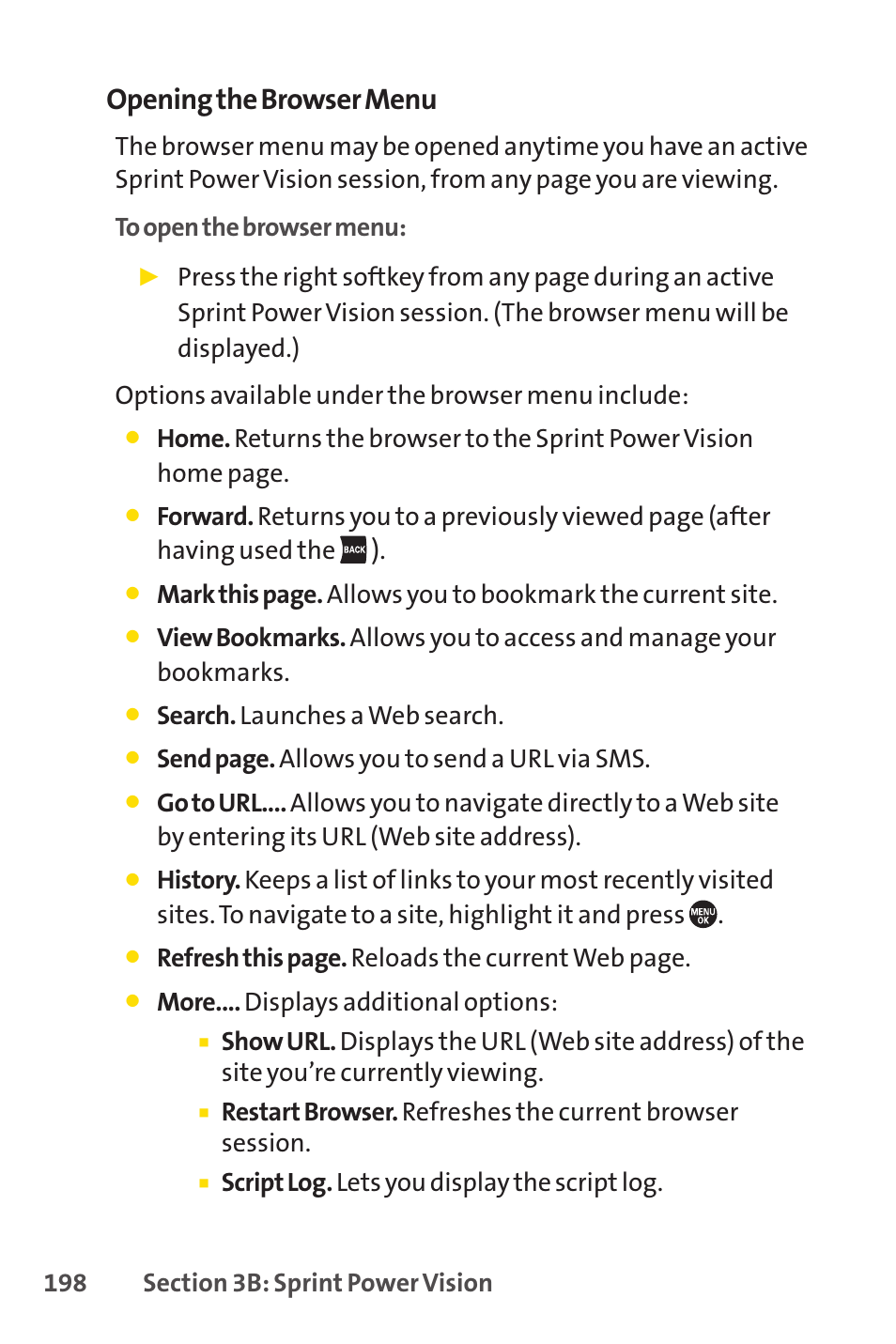 Opening the browser menu, Search. launches a web search, Send page. allows you to send a url via sms | Refresh this page. reloads the current web page, More.... displays additional options, Script log. lets you display the script log | Sprint Nextel SANYO PRO-700 User Manual | Page 212 / 236