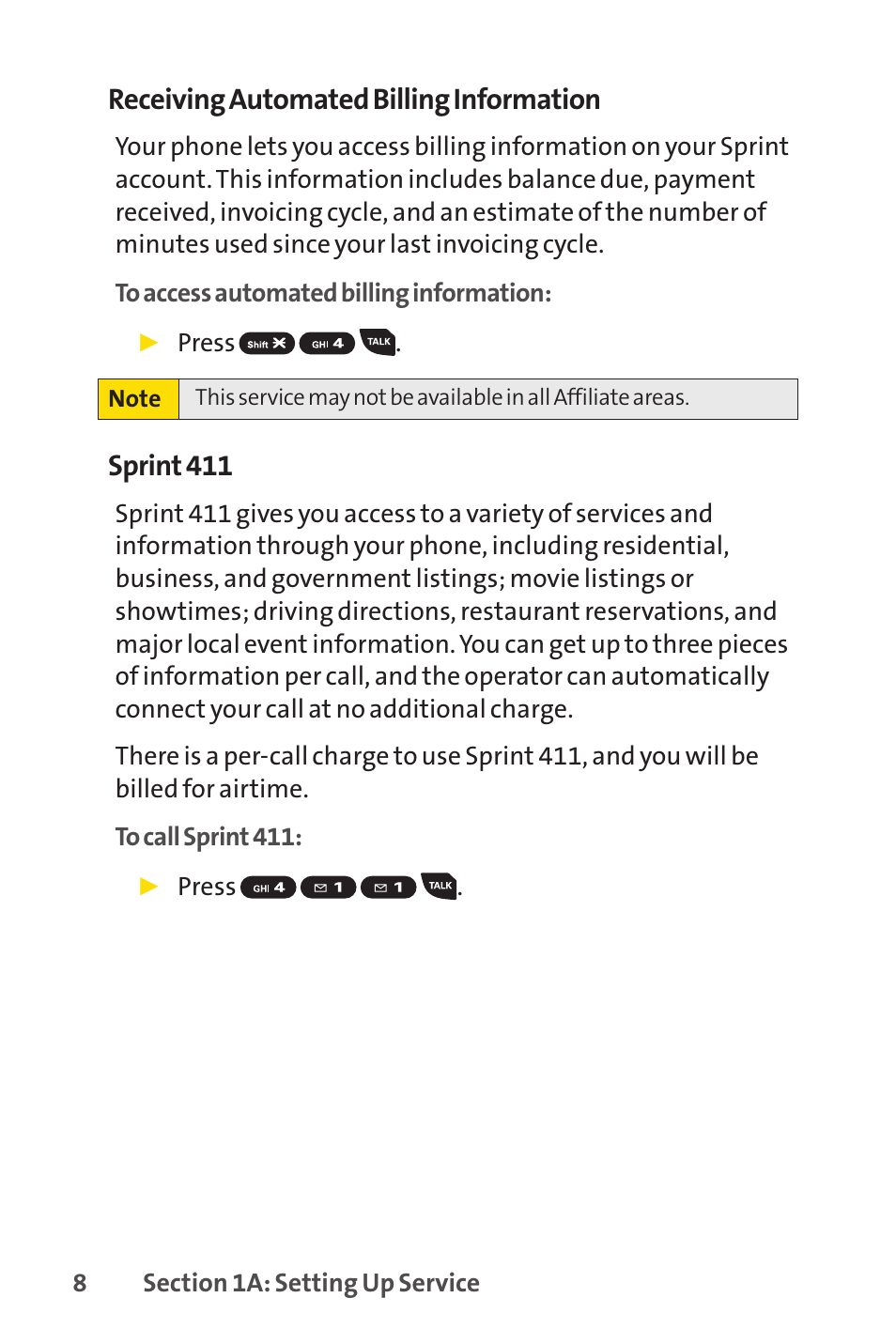 Receiving automated billing information, Sprint 411 | Sprint Nextel SANYO PRO-700 User Manual | Page 22 / 236