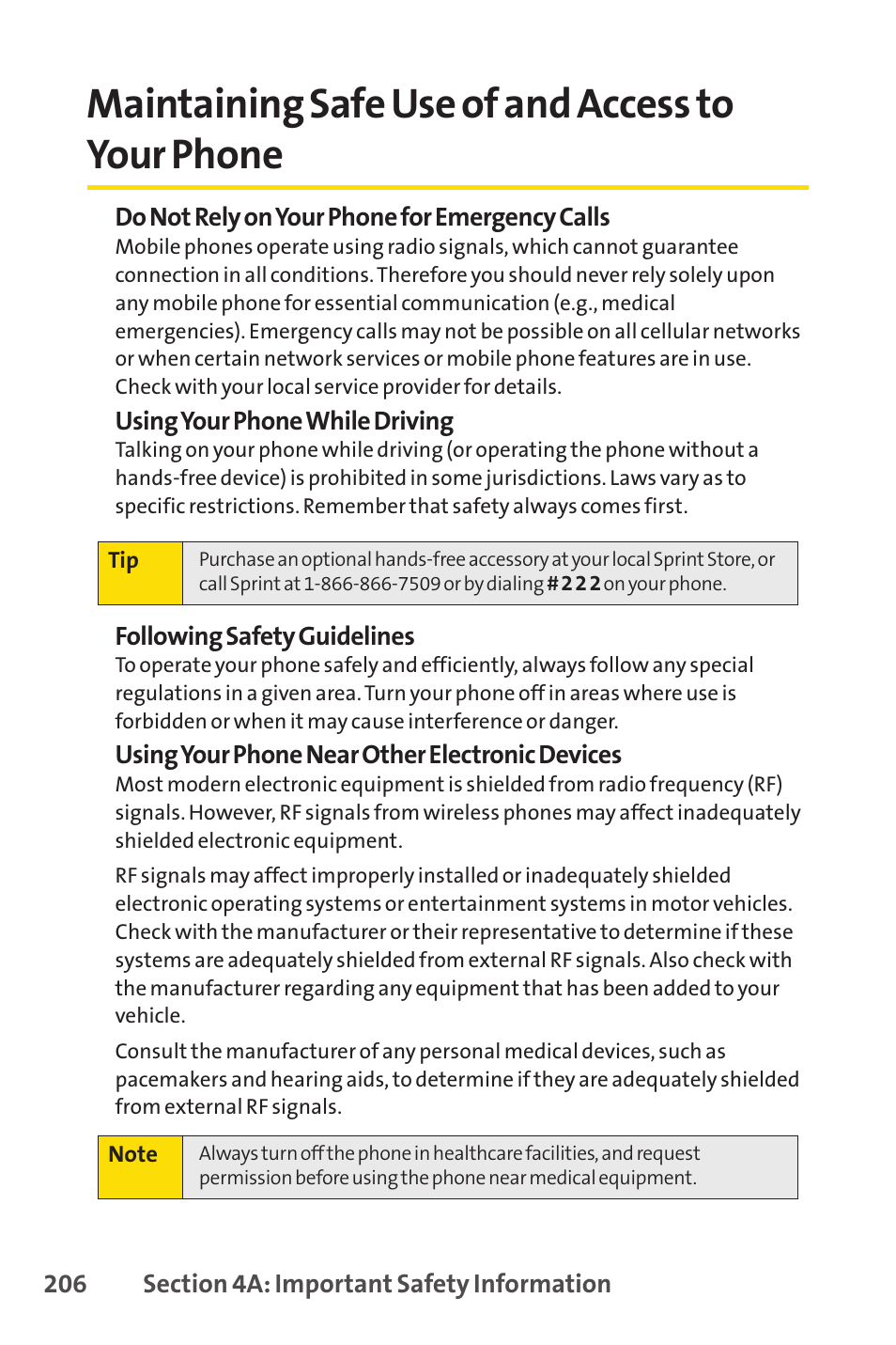 Maintaining safe use of and access to your phone, E 206) | Sprint Nextel SANYO PRO-700 User Manual | Page 220 / 236