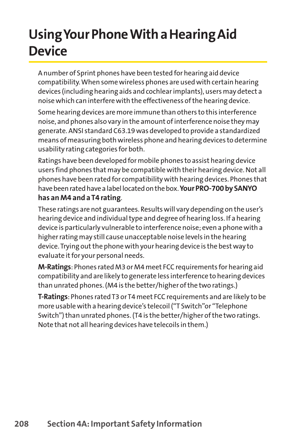 Using your phone with a hearing aid device, E 208) | Sprint Nextel SANYO PRO-700 User Manual | Page 222 / 236