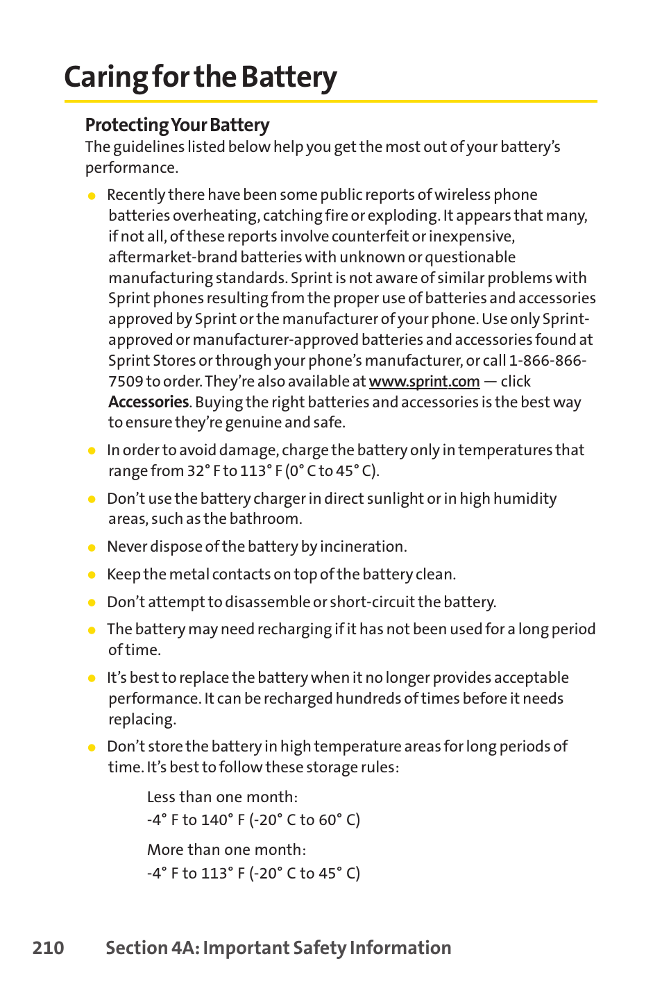 Caring for the battery, E 210), Protecting your battery | Sprint Nextel SANYO PRO-700 User Manual | Page 224 / 236