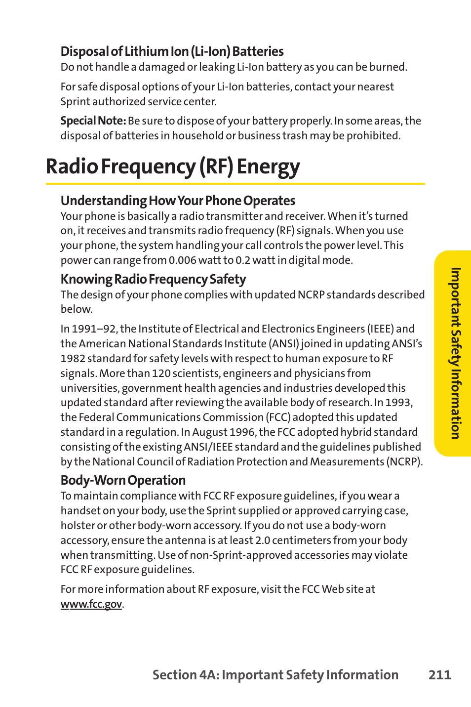 Radio frequency (rf) energy, E 211) | Sprint Nextel SANYO PRO-700 User Manual | Page 225 / 236