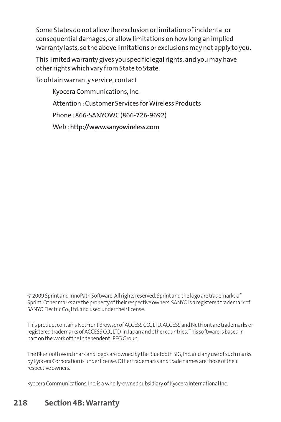 Sprint Nextel SANYO PRO-700 User Manual | Page 232 / 236