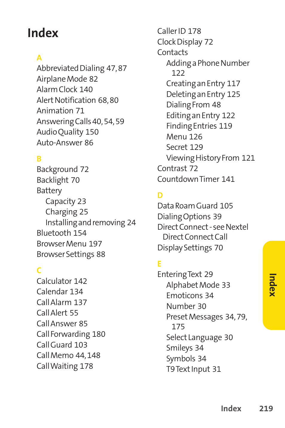 Index | Sprint Nextel SANYO PRO-700 User Manual | Page 233 / 236