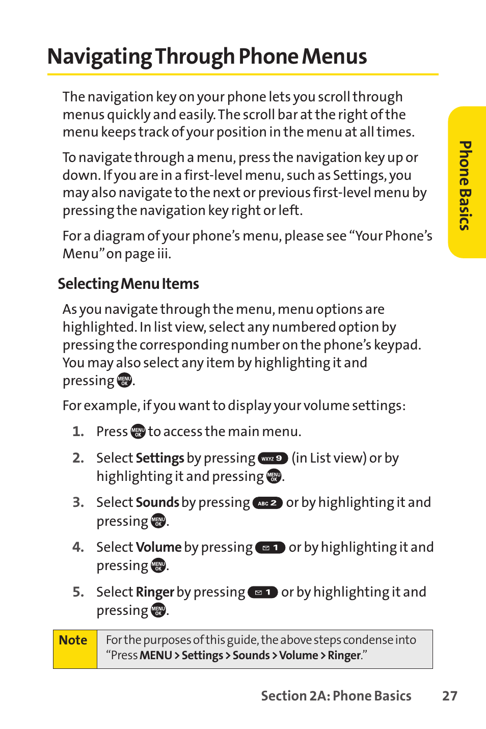 Navigating through phone menus, E 27), Ph on e b as ics | Sprint Nextel SANYO PRO-700 User Manual | Page 41 / 236