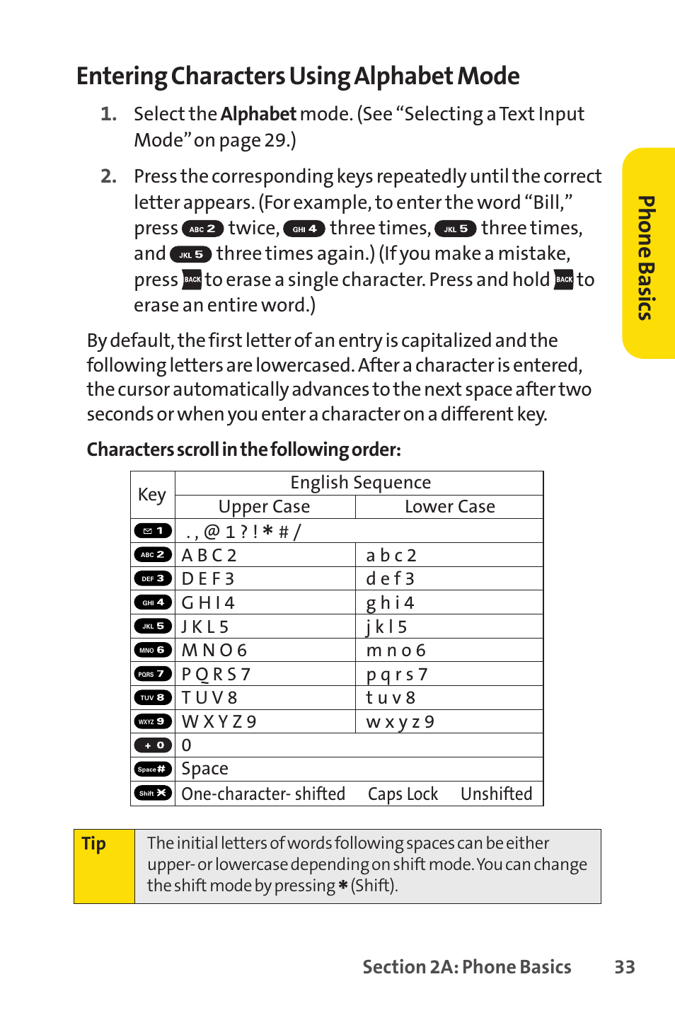 E 33.), Entering characters using alphabet mode, Ph on e b as ics | Sprint Nextel SANYO PRO-700 User Manual | Page 47 / 236
