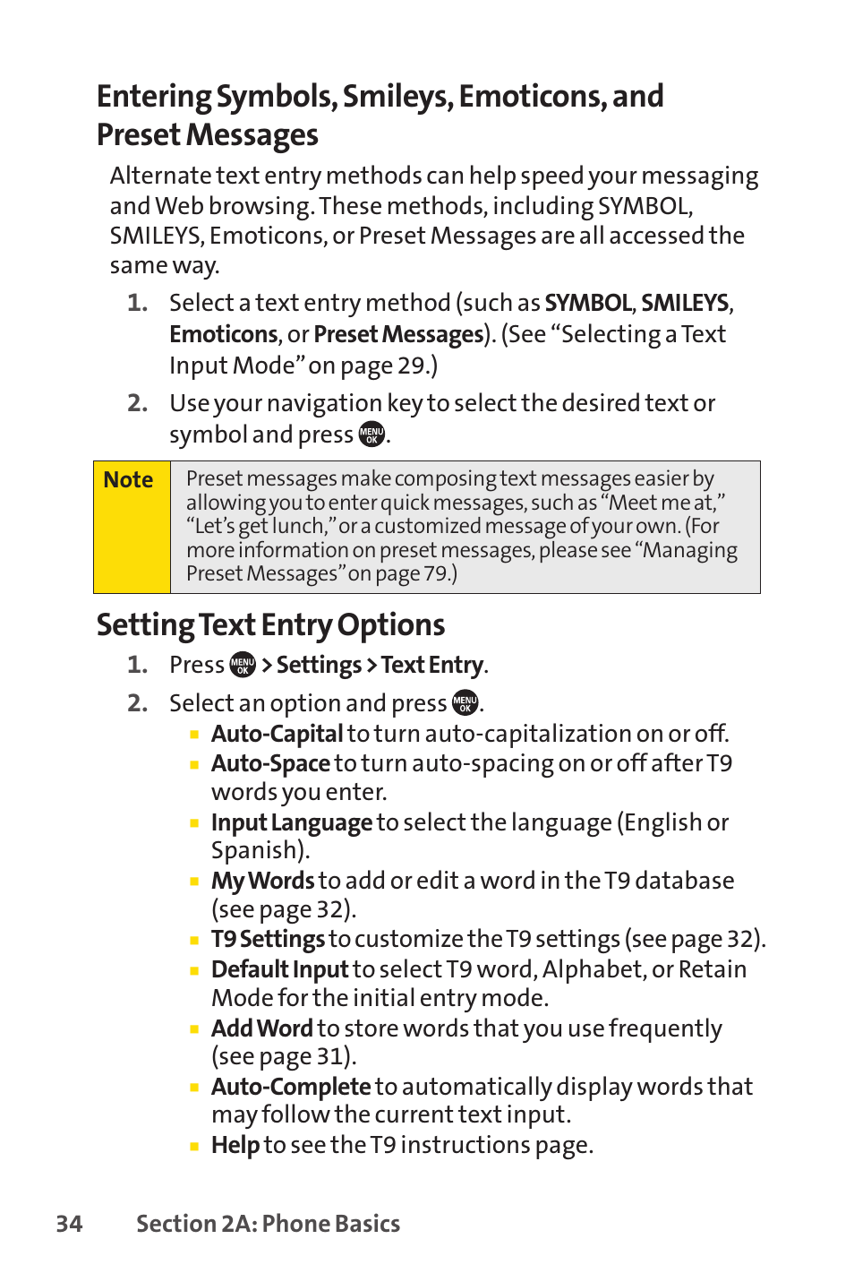 E 34.), Setting text entry options | Sprint Nextel SANYO PRO-700 User Manual | Page 48 / 236