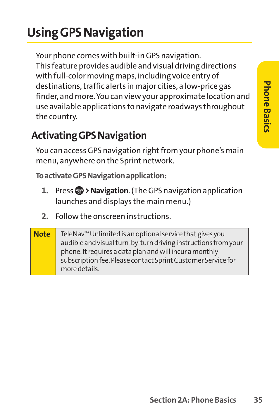 Using gps navigation, E 35), Activating gps navigation | Ph on e b as ics | Sprint Nextel SANYO PRO-700 User Manual | Page 49 / 236
