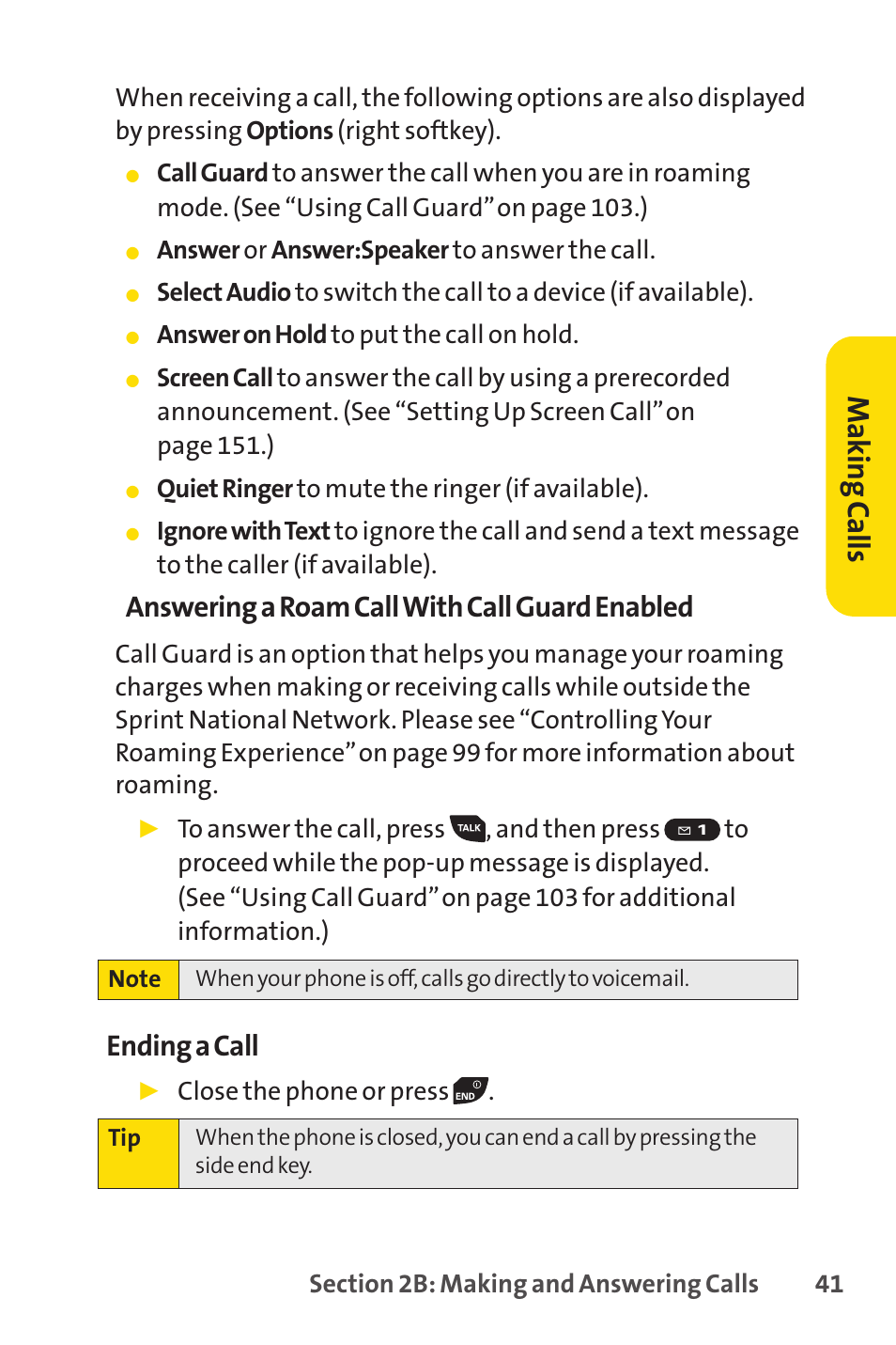 Mak in g ca lls, Answering a roam call with call guard enabled, Ending a call | Sprint Nextel SANYO PRO-700 User Manual | Page 55 / 236
