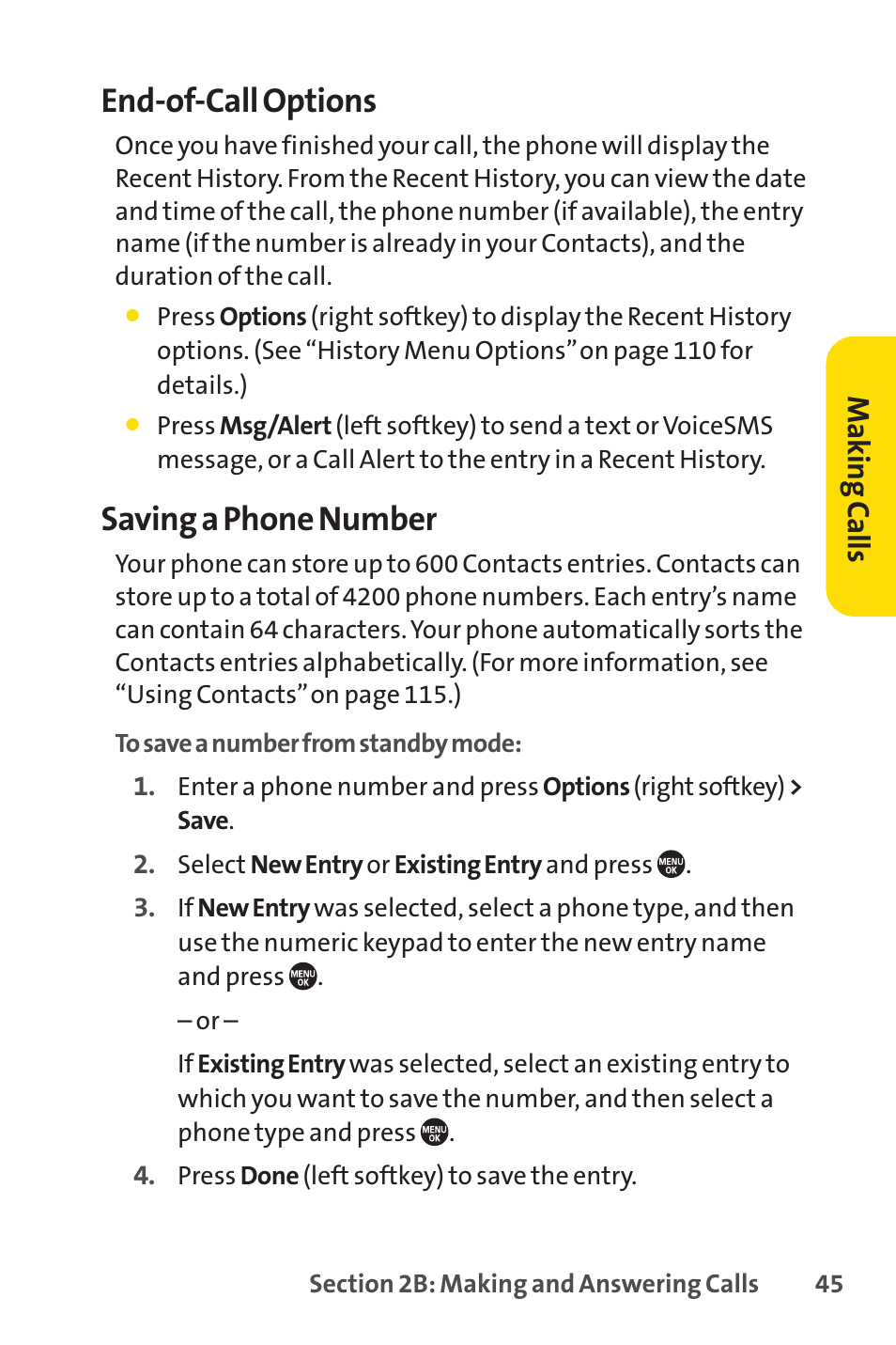 E 45.), End-of-call options, Saving a phone number | Mak in g ca lls | Sprint Nextel SANYO PRO-700 User Manual | Page 59 / 236