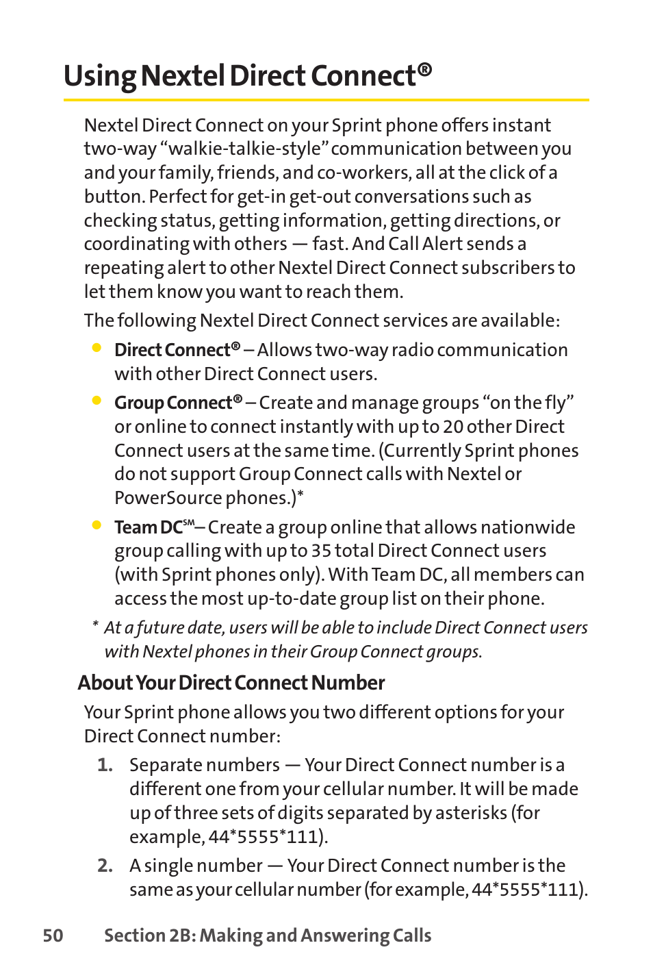 Using nextel direct connect, E 50), E 50 ) | Aboutyour direct connect number | Sprint Nextel SANYO PRO-700 User Manual | Page 64 / 236