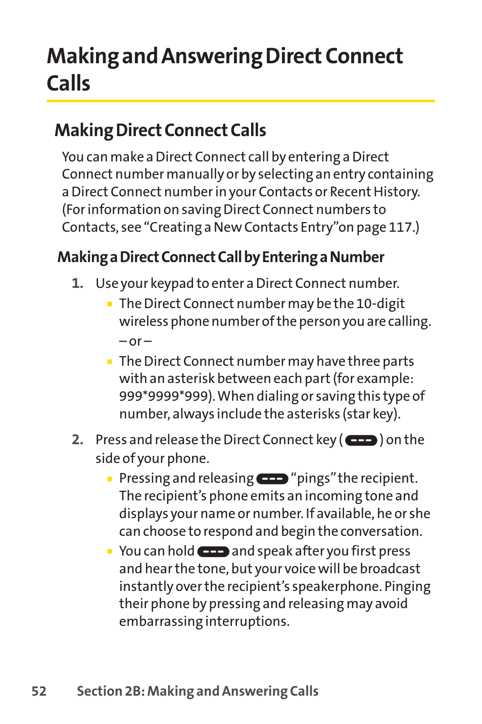 Making and answering direct connect calls, E 52), Making direct connect calls | Sprint Nextel SANYO PRO-700 User Manual | Page 66 / 236
