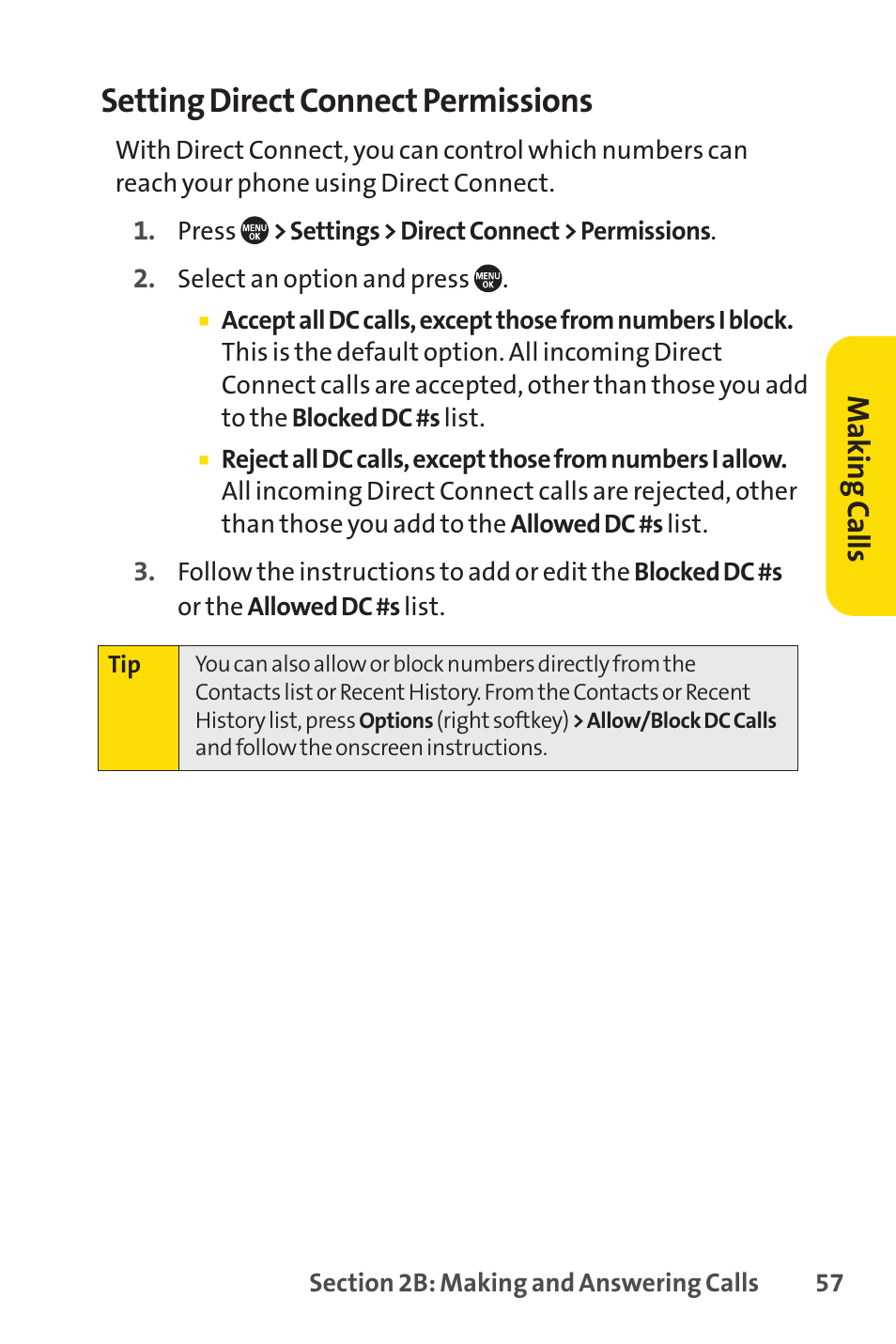 Setting direct connect permissions, Mak in g ca lls | Sprint Nextel SANYO PRO-700 User Manual | Page 71 / 236