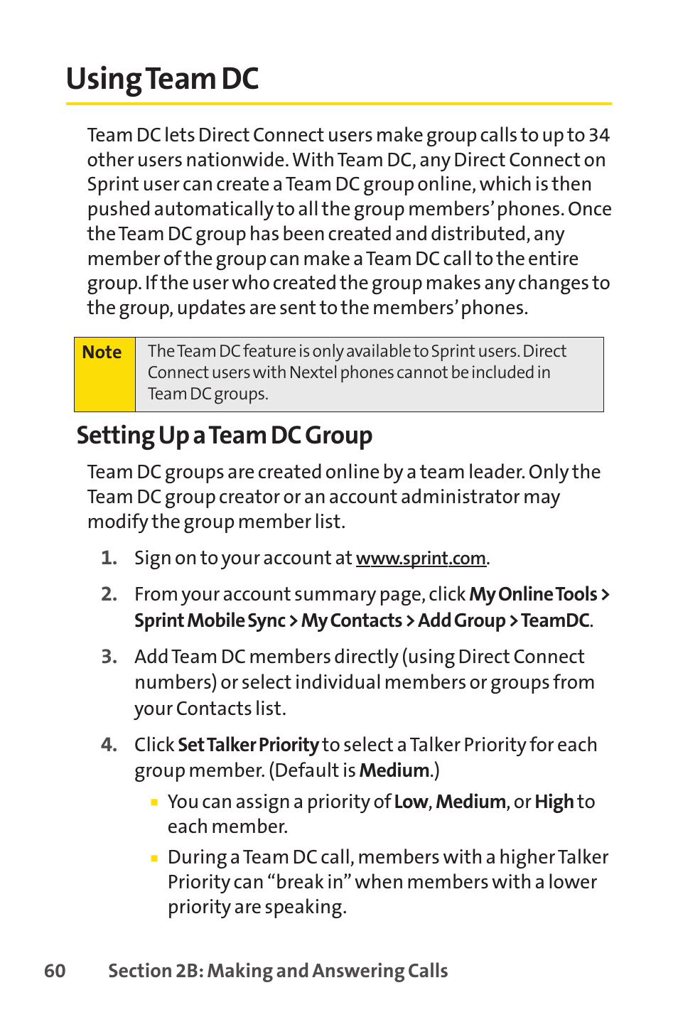Using team dc, E 60), Setting up a team dc group | Sprint Nextel SANYO PRO-700 User Manual | Page 74 / 236