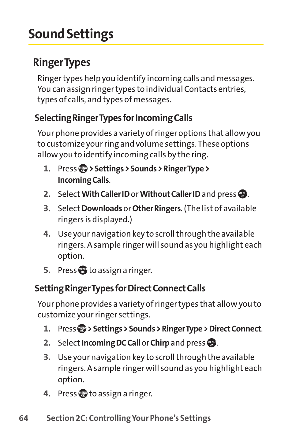 Sound settings, E 64), Ringer types | Sprint Nextel SANYO PRO-700 User Manual | Page 78 / 236