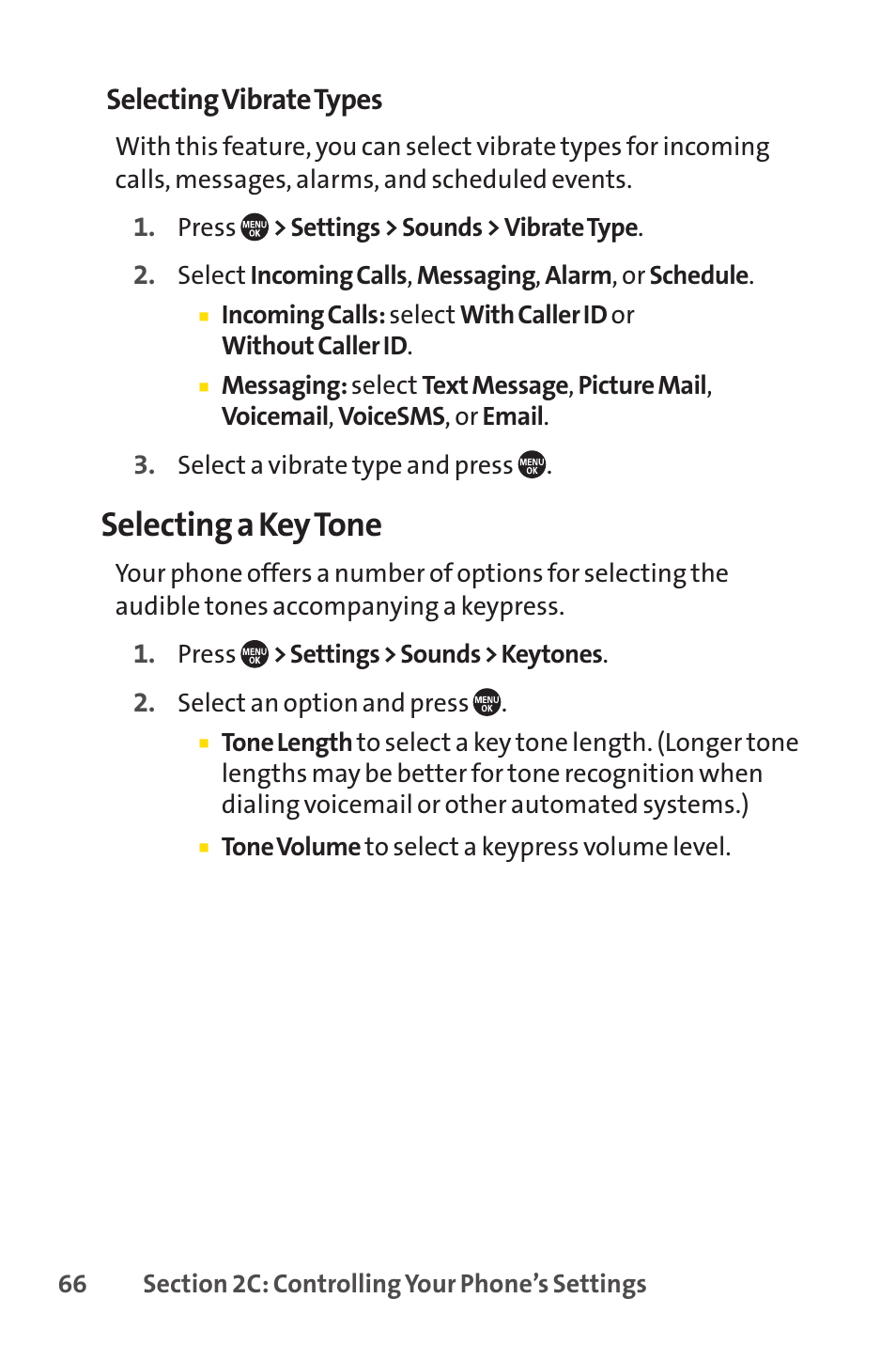Selecting a key tone, Selecting vibrate types | Sprint Nextel SANYO PRO-700 User Manual | Page 80 / 236