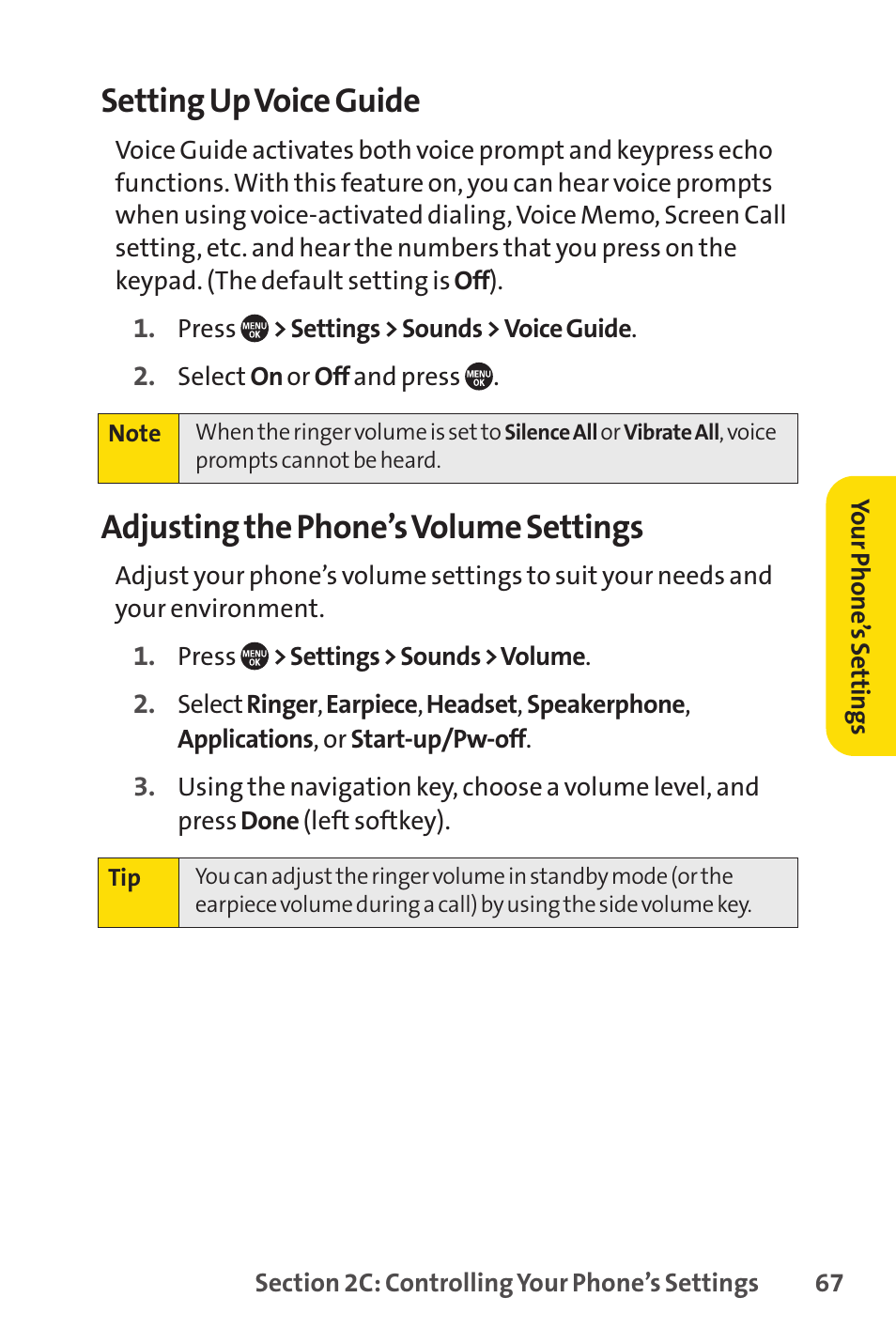 Setting up voice guide, Adjusting the phone’s volume settings | Sprint Nextel SANYO PRO-700 User Manual | Page 81 / 236