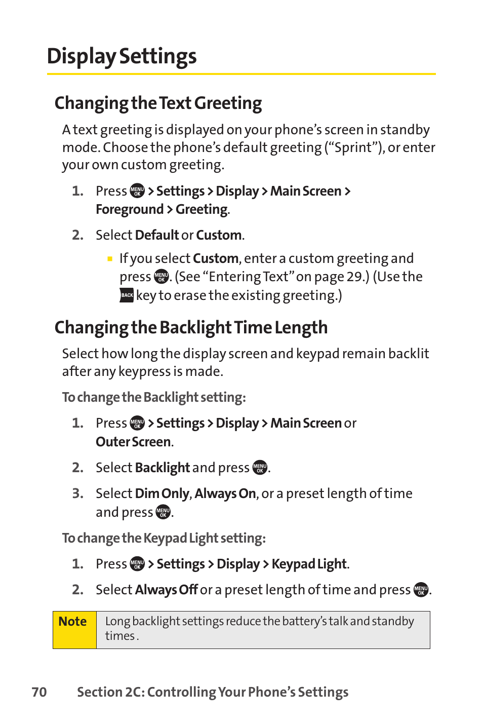 Display settings, E 70), Changing the text greeting | Changing the backlighttime length | Sprint Nextel SANYO PRO-700 User Manual | Page 84 / 236