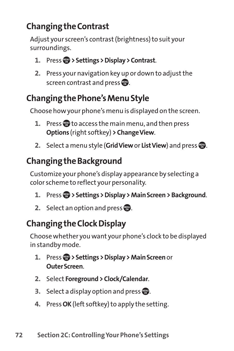 Changing the contrast, Changing the phone’s menu style, Changing the background | Changing the clock display | Sprint Nextel SANYO PRO-700 User Manual | Page 86 / 236