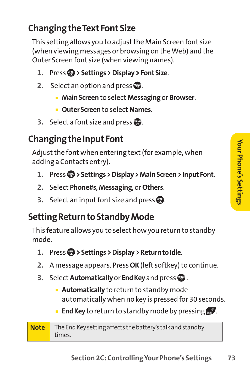 Changing the text font size, Changing the input font, Setting return to standby mode | Sprint Nextel SANYO PRO-700 User Manual | Page 87 / 236