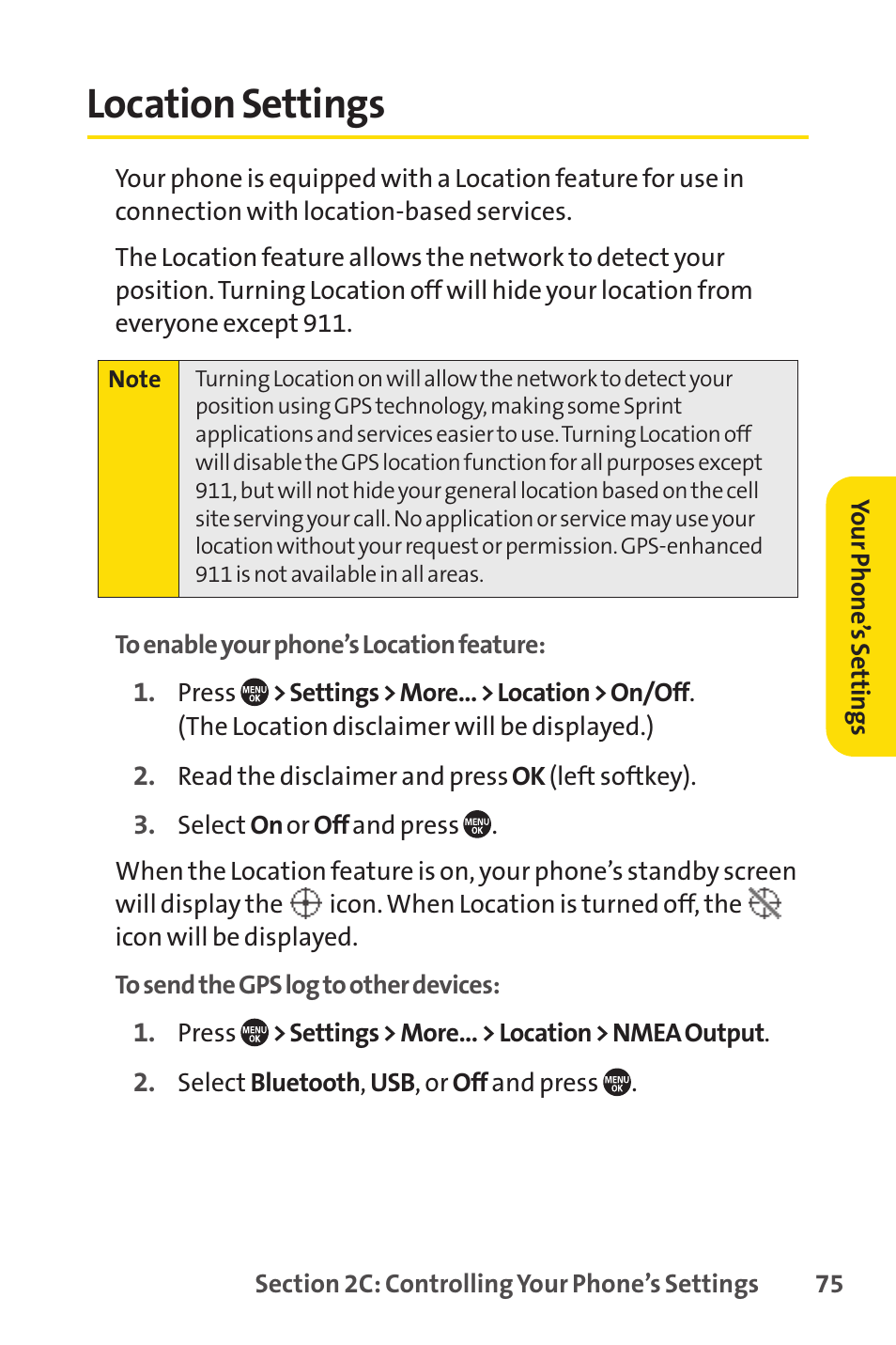 Location settings, E 75) | Sprint Nextel SANYO PRO-700 User Manual | Page 89 / 236