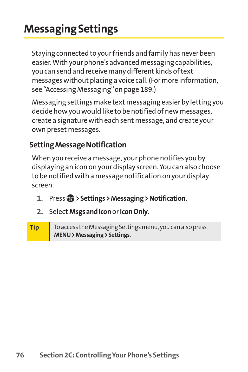 Messaging settings, E 76) | Sprint Nextel SANYO PRO-700 User Manual | Page 90 / 236
