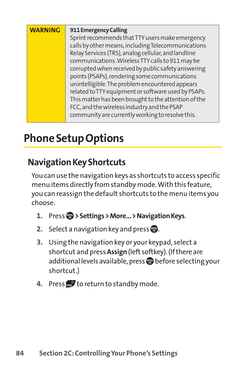 Phone setup options, E 84), Navigation key shortcuts | Sprint Nextel SANYO PRO-700 User Manual | Page 98 / 236