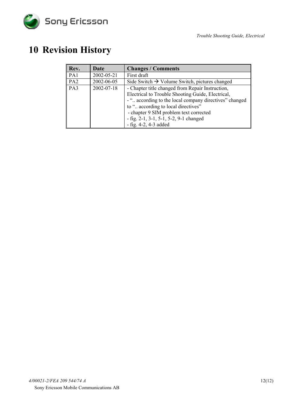 10 revision history | Sprint Nextel T600 User Manual | Page 12 / 12