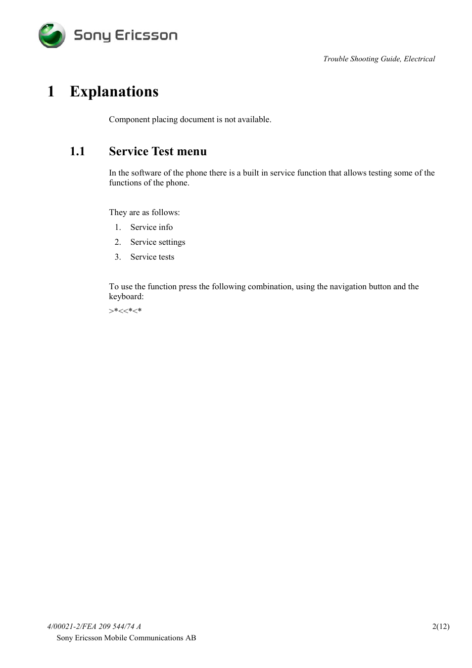 1 explanations, 1 service test menu | Sprint Nextel T600 User Manual | Page 2 / 12
