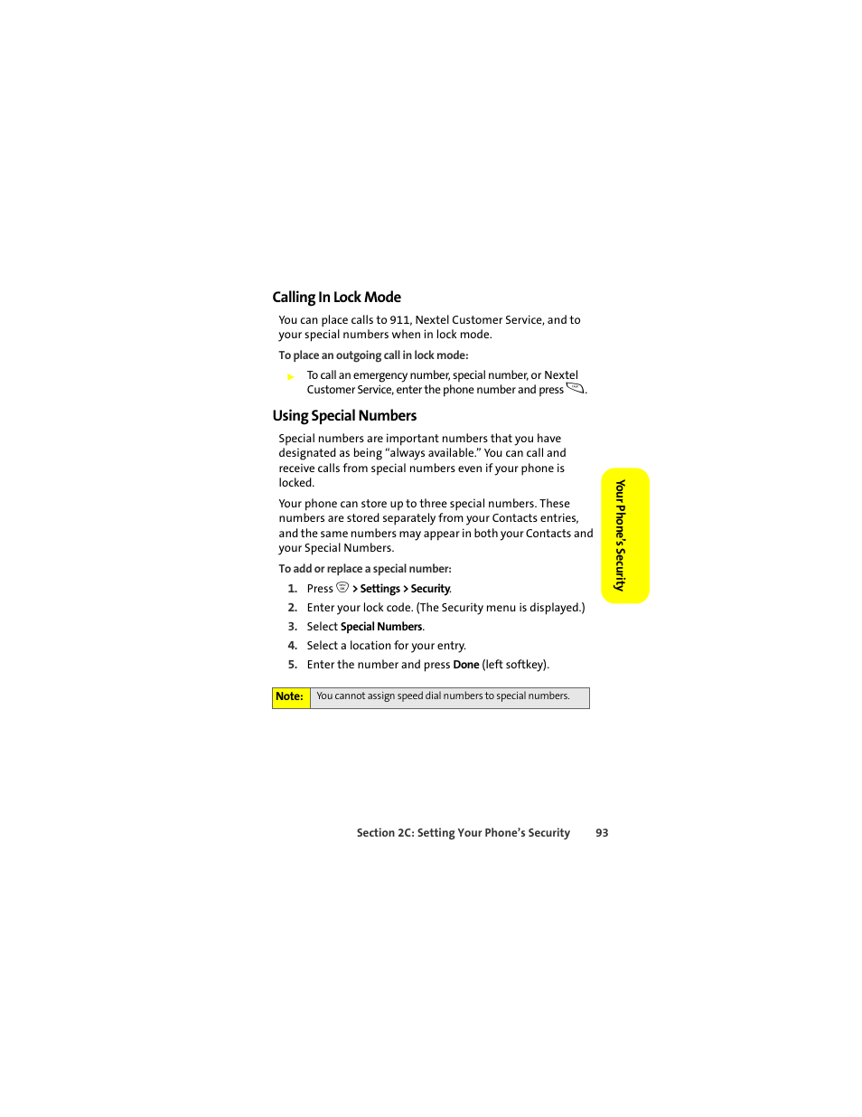 Calling in lock mode, Using special numbers | Sprint Nextel ic502 User Manual | Page 107 / 226