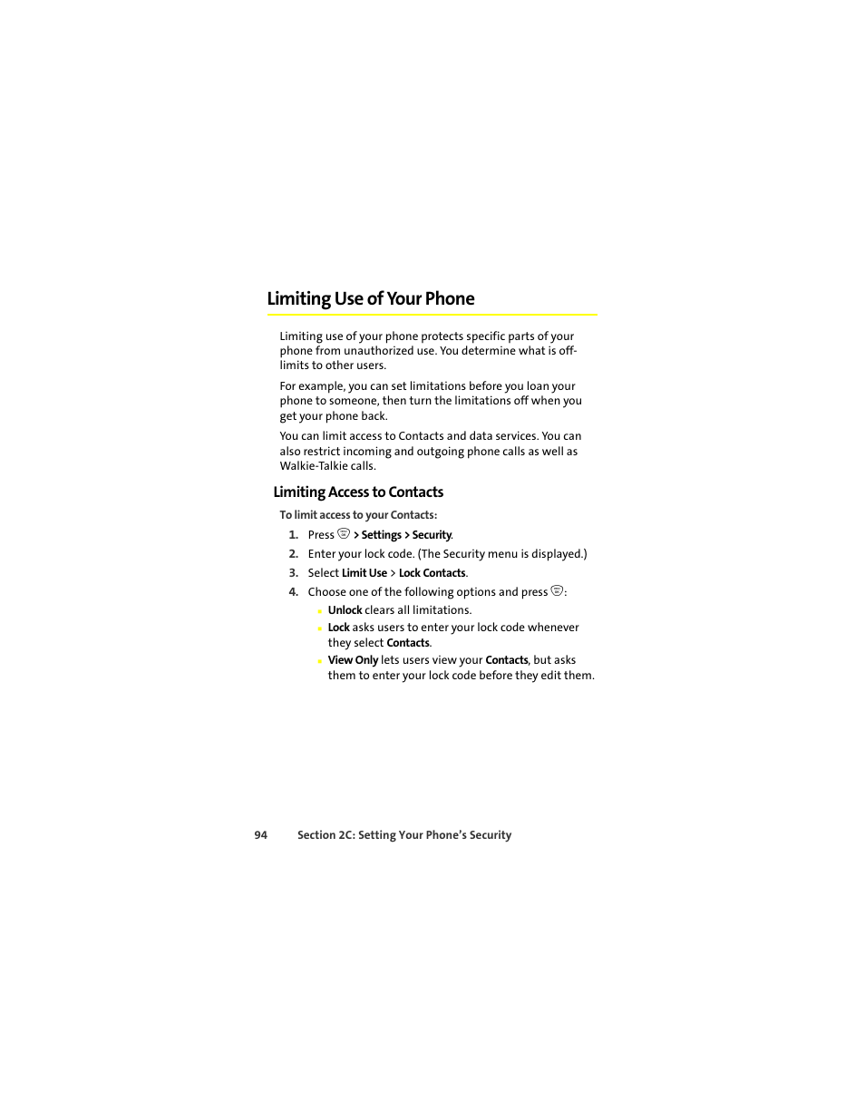Limiting use of your phone, Limiting access to contacts | Sprint Nextel ic502 User Manual | Page 108 / 226