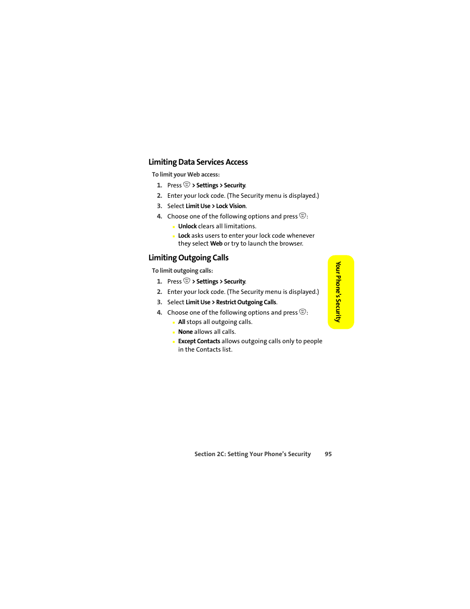 Limiting data services access, Limiting outgoing calls | Sprint Nextel ic502 User Manual | Page 109 / 226