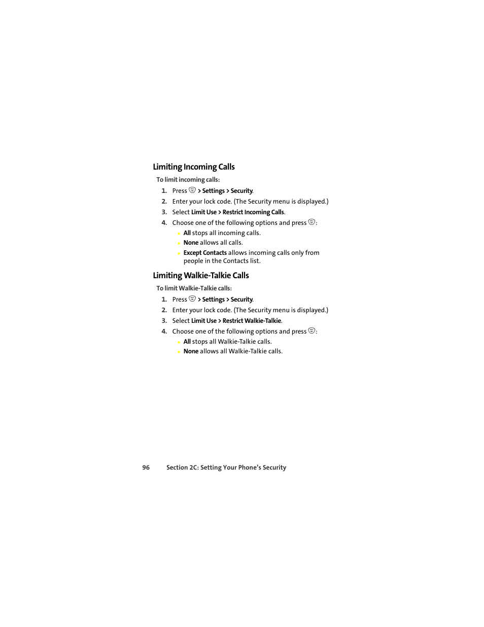 Limiting incoming calls, Limiting walkie-talkie calls | Sprint Nextel ic502 User Manual | Page 110 / 226