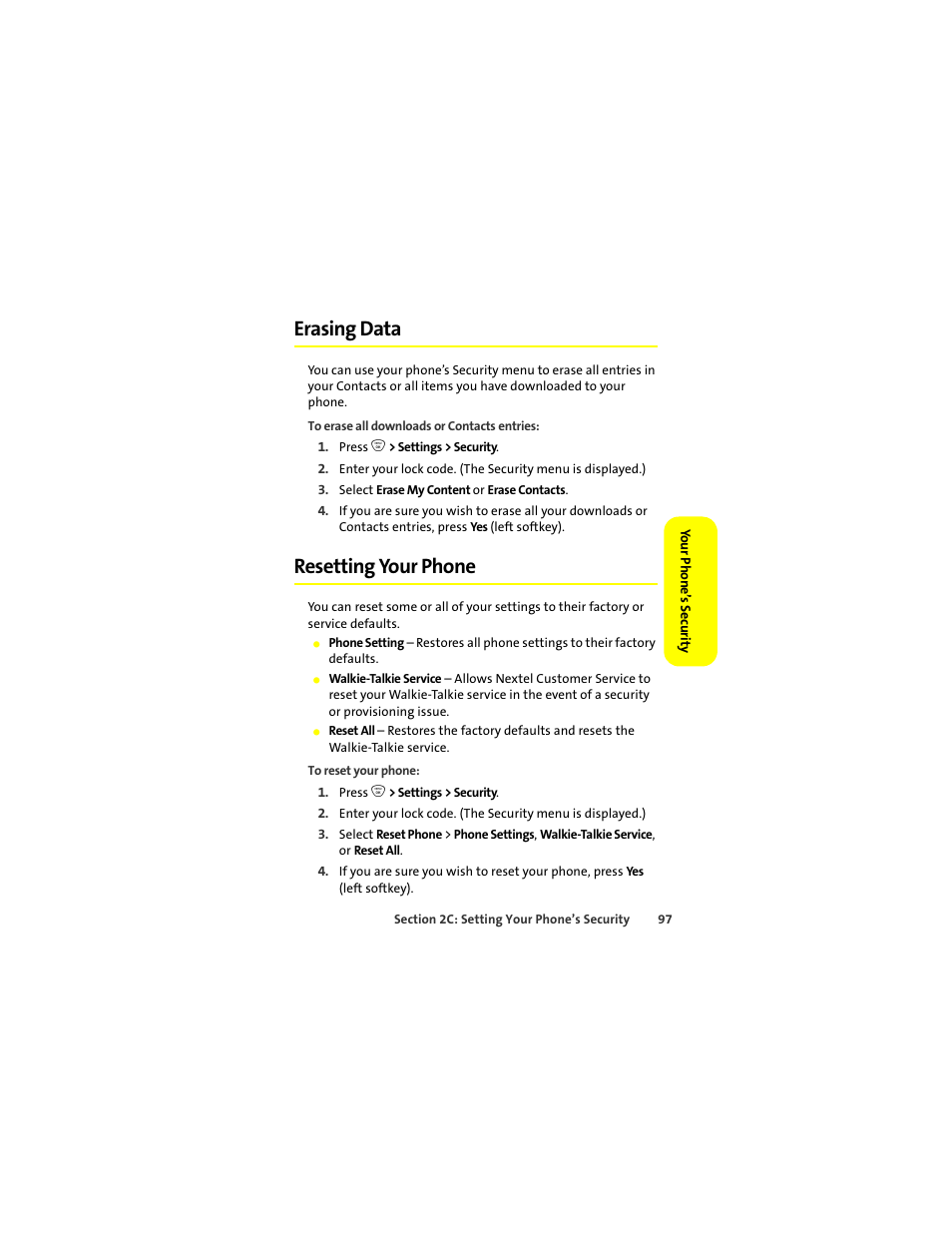 Erasing data, Resetting your phone | Sprint Nextel ic502 User Manual | Page 111 / 226