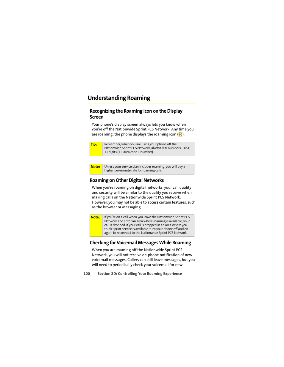 Understanding roaming, Recognizing the roaming icon on the display screen, Roaming on other digital networks | Checking for voicemail messages while roaming | Sprint Nextel ic502 User Manual | Page 114 / 226