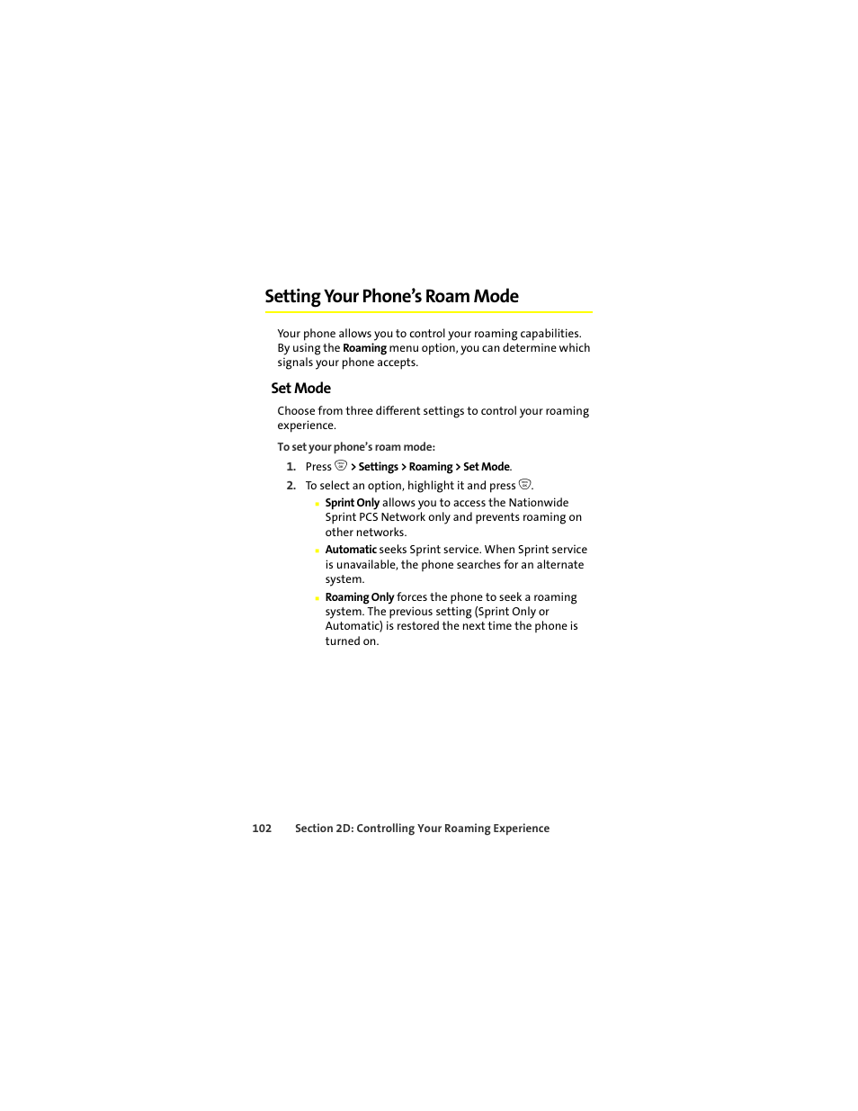 Setting your phone’s roam mode, Set mode | Sprint Nextel ic502 User Manual | Page 116 / 226