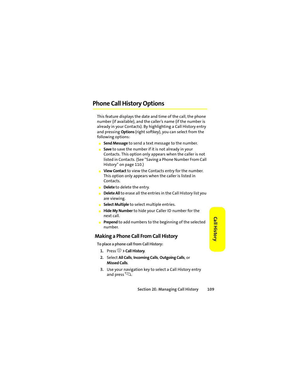 Phone call history options, Making a phone call from call history | Sprint Nextel ic502 User Manual | Page 123 / 226