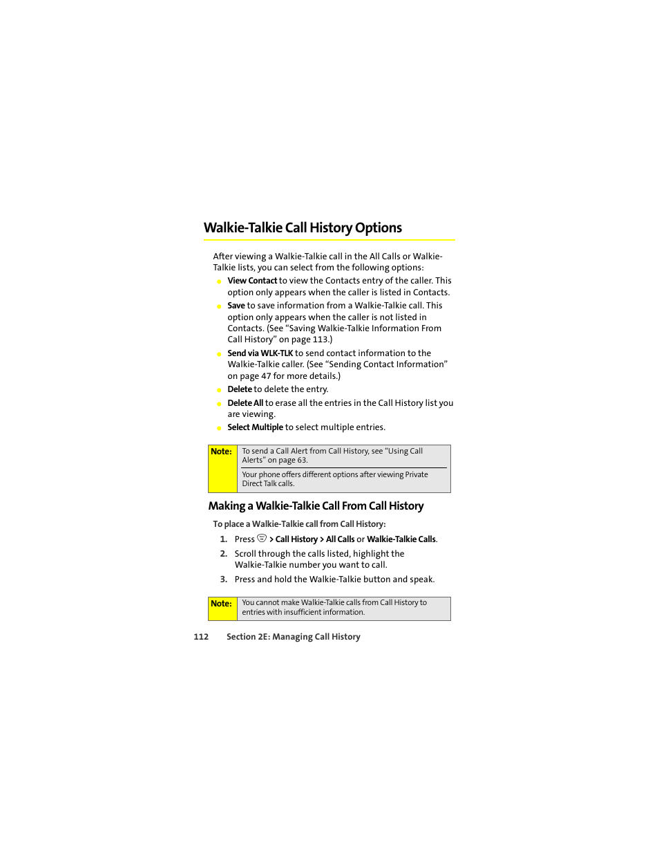 Walkie-talkie call history options, Making a walkie-talkie call from call history | Sprint Nextel ic502 User Manual | Page 126 / 226