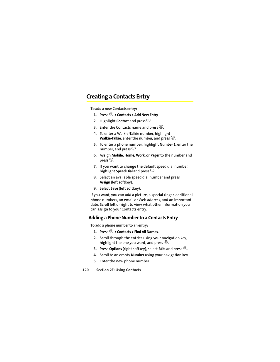 Creating a contacts entry, Adding a phone number to a contacts entry | Sprint Nextel ic502 User Manual | Page 134 / 226