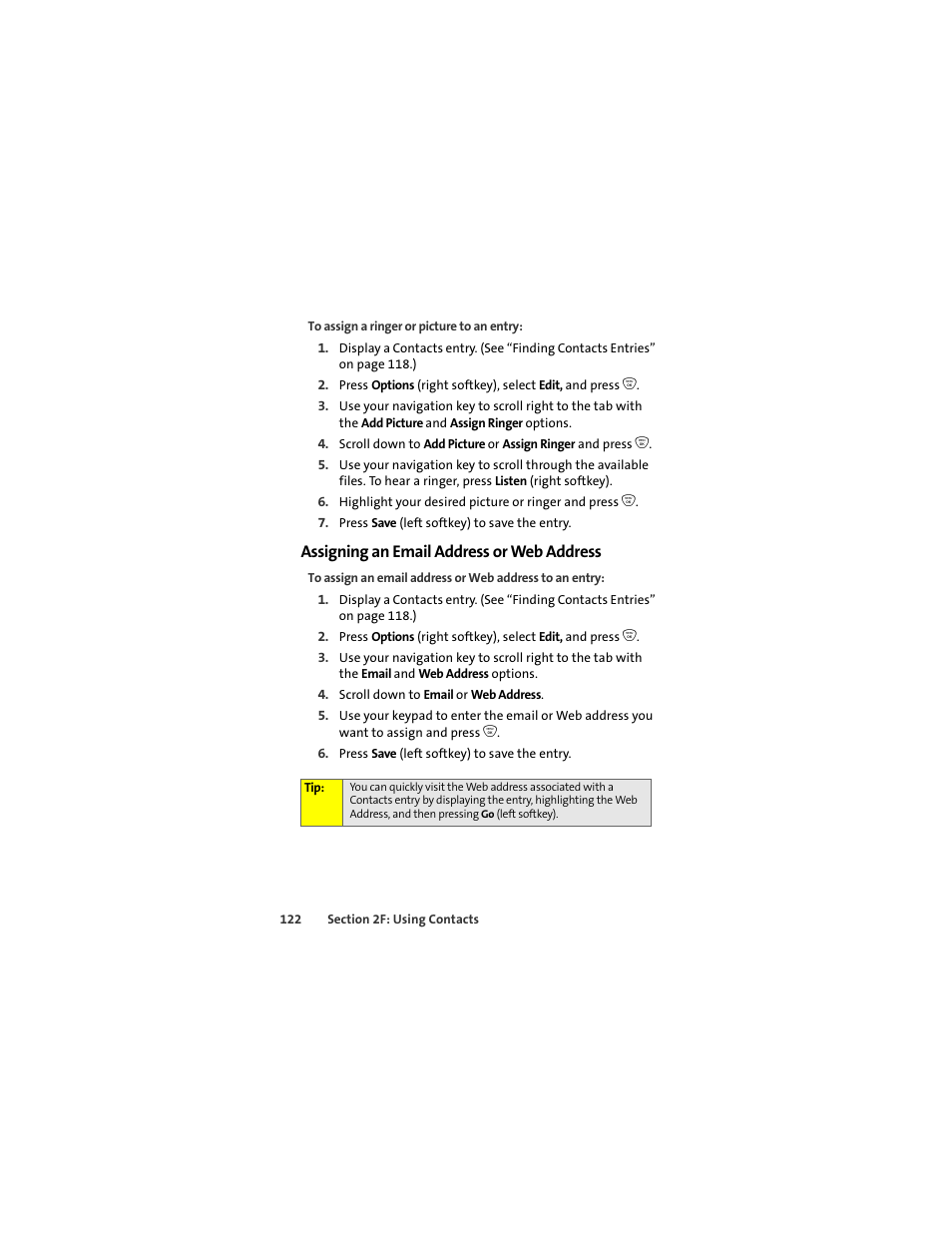 Assigning an email address or web address | Sprint Nextel ic502 User Manual | Page 136 / 226