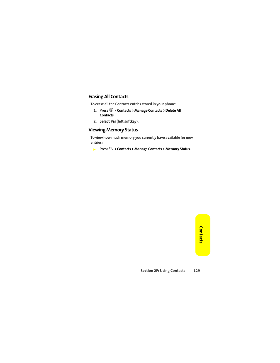 Erasing all contacts, Viewing memory status | Sprint Nextel ic502 User Manual | Page 143 / 226