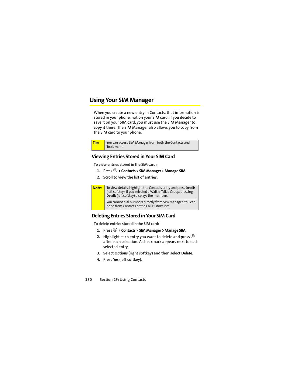 Using your sim manager, Viewing entries stored in your sim card, Deleting entries stored in your sim card | Sprint Nextel ic502 User Manual | Page 144 / 226