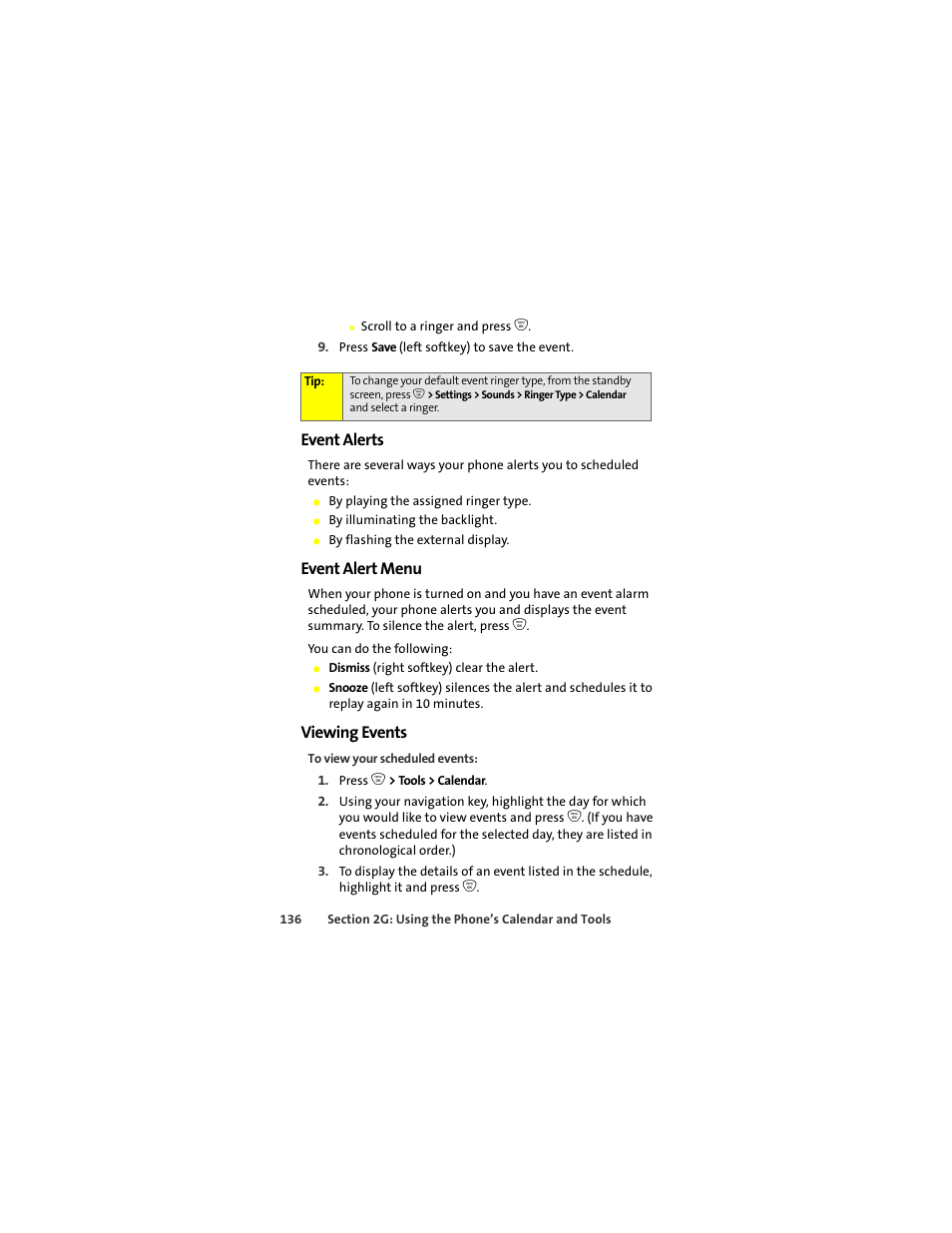 Event alerts, Event alert menu, Viewing events | Sprint Nextel ic502 User Manual | Page 150 / 226