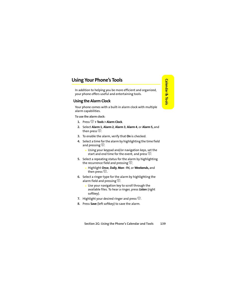 Using your phone’s tools, Using the alarm clock | Sprint Nextel ic502 User Manual | Page 153 / 226