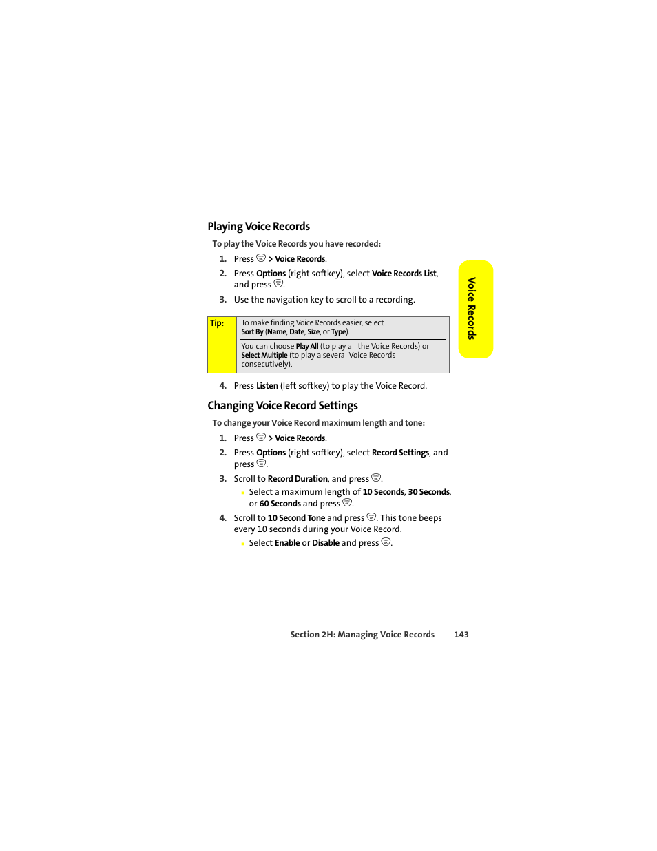 Playing voice records, Changing voice record settings | Sprint Nextel ic502 User Manual | Page 157 / 226