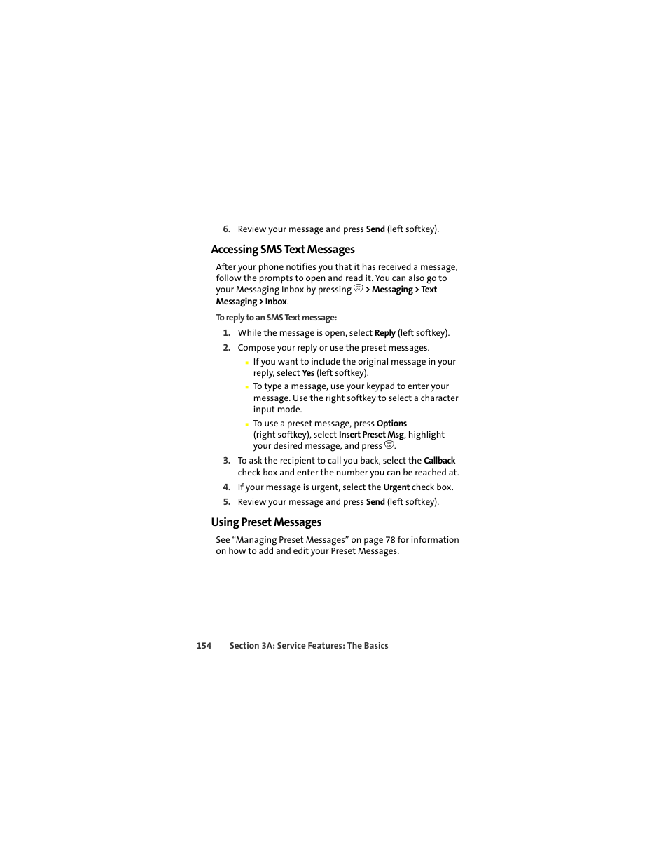 Accessing sms text messages, Using preset messages | Sprint Nextel ic502 User Manual | Page 168 / 226