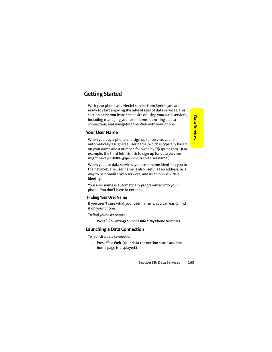 Getting started, Your user name, Launching a data connection | Sprint Nextel ic502 User Manual | Page 177 / 226