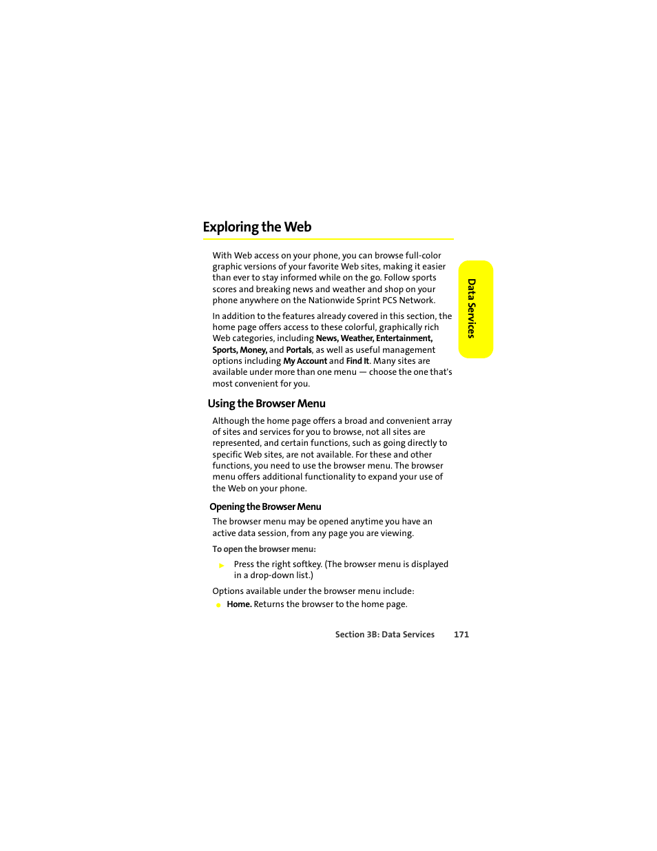 Exploring the web, Using the browser menu | Sprint Nextel ic502 User Manual | Page 185 / 226